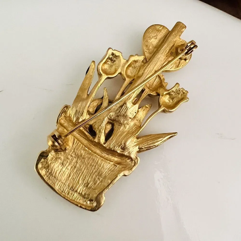 Vintage Nr. #1 MOM Enamel Gold Brooch Tulips Butterfly Planter Enamel Gift 4121
